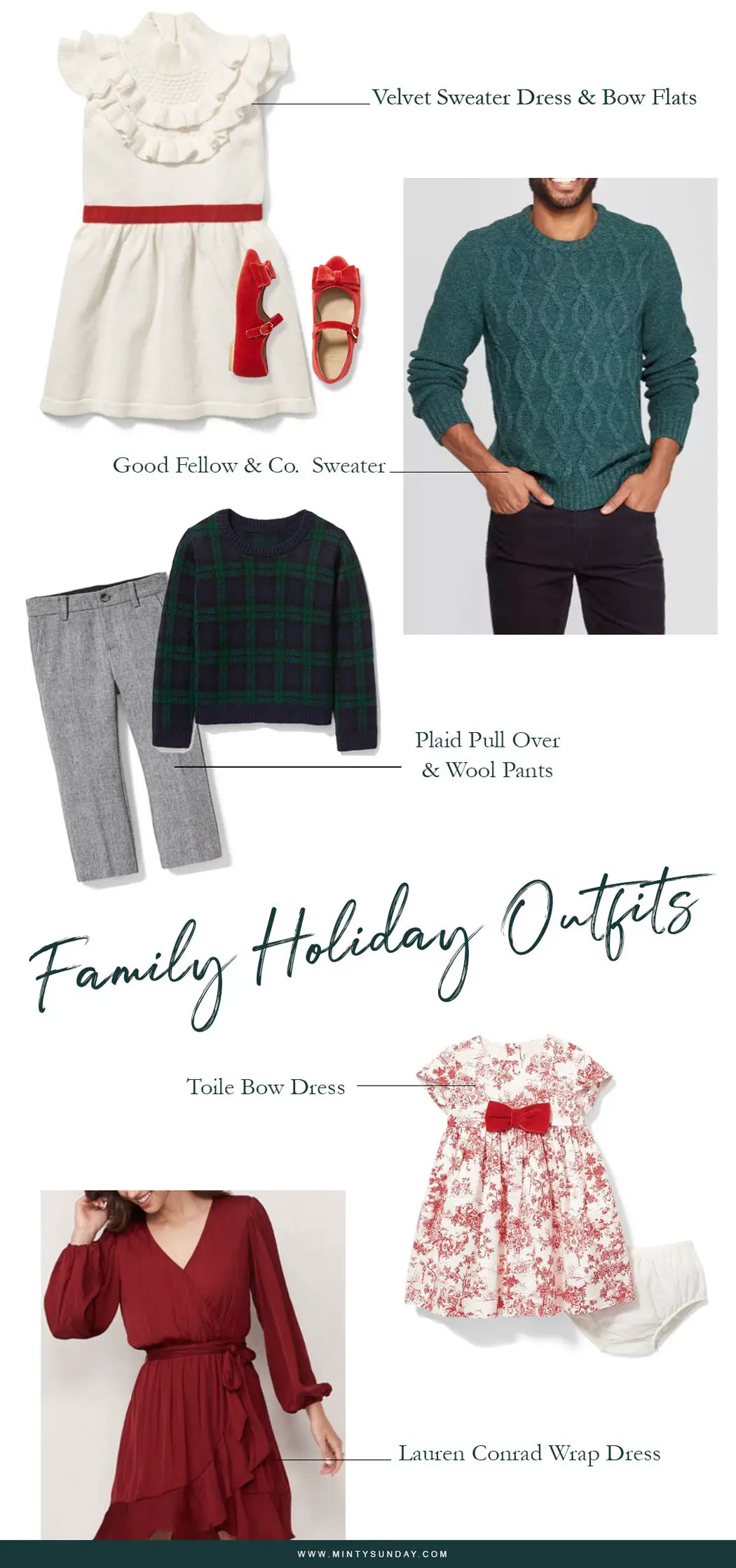 Coordinating Family Outfits for the holidays - How to easily create a coordinated family outfits for photos planned or spontaneous! (mintysunday.com) #mommyandme #familyoutfits #holidayphotos