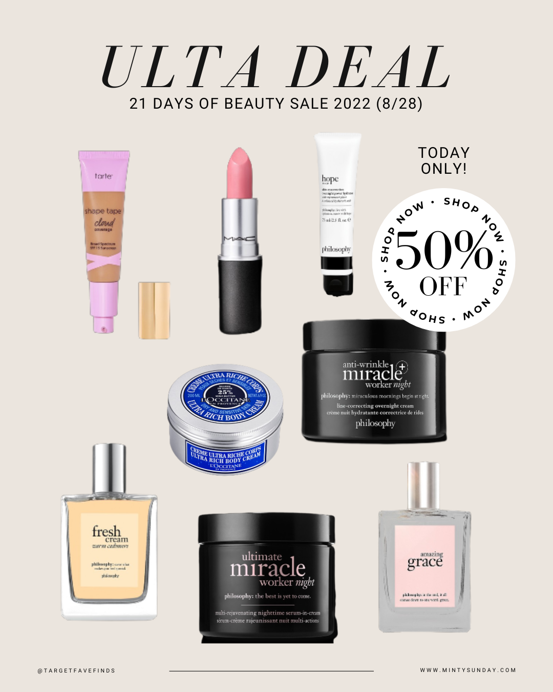 ulta 21 days of beauty deals 2022 mac philosophy loccitanne and tarte 50% off